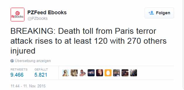 Twitter Meldung über Pariser Anschlag schon am 11.11.2015 ???